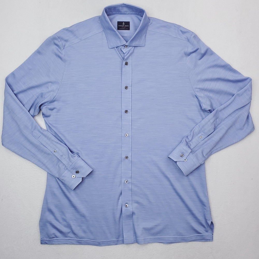 Emanuel Berg Dress Shirt Mens 17 Blue Luxury Wool Jersey Modern Fit Long Sleeve